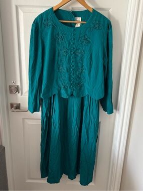 Vintage Halmode Plus Teal Embroidered Faux  Midi Dress - Size 22W